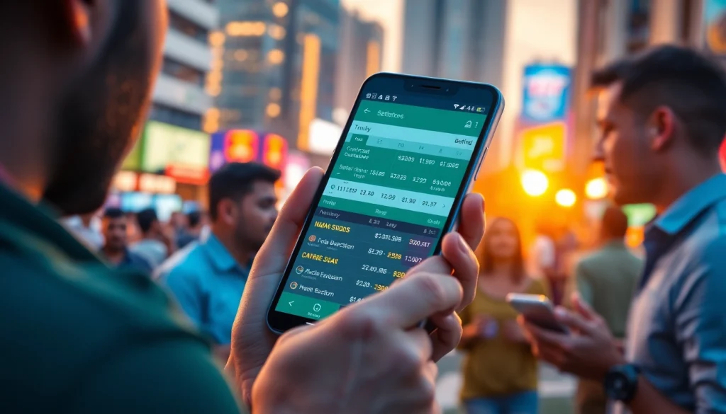 Engaging view of best sports betting apps in India on a smartphone amid a lively city backdrop.
