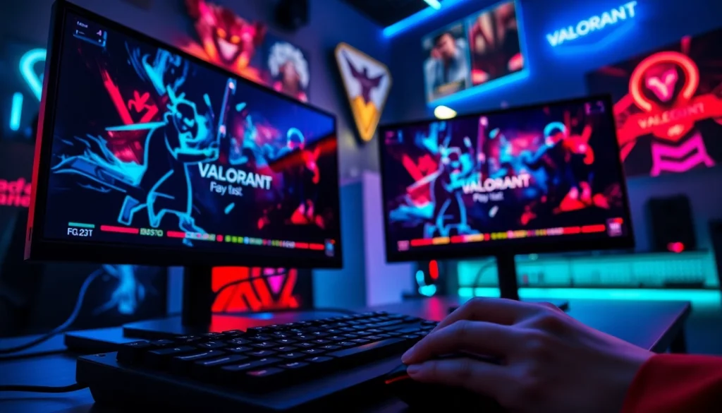 Start the valorant download process on a vibrant gaming setup showcasing dynamic gameplay.