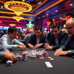 Main players engaged in the Domino88 poker game, showcasing a lively casino atmosphere.