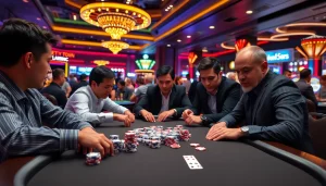 Main players engaged in the Domino88 poker game, showcasing a lively casino atmosphere.