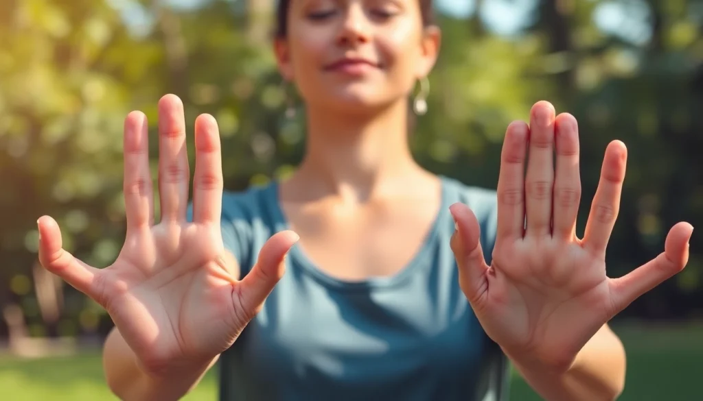 Practicing yoga mudras in a tranquil setting, showcasing hand gestures for mindfulness and balance.