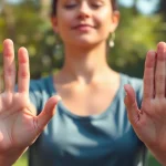 Practicing yoga mudras in a tranquil setting, showcasing hand gestures for mindfulness and balance.