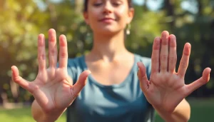 Practicing yoga mudras in a tranquil setting, showcasing hand gestures for mindfulness and balance.