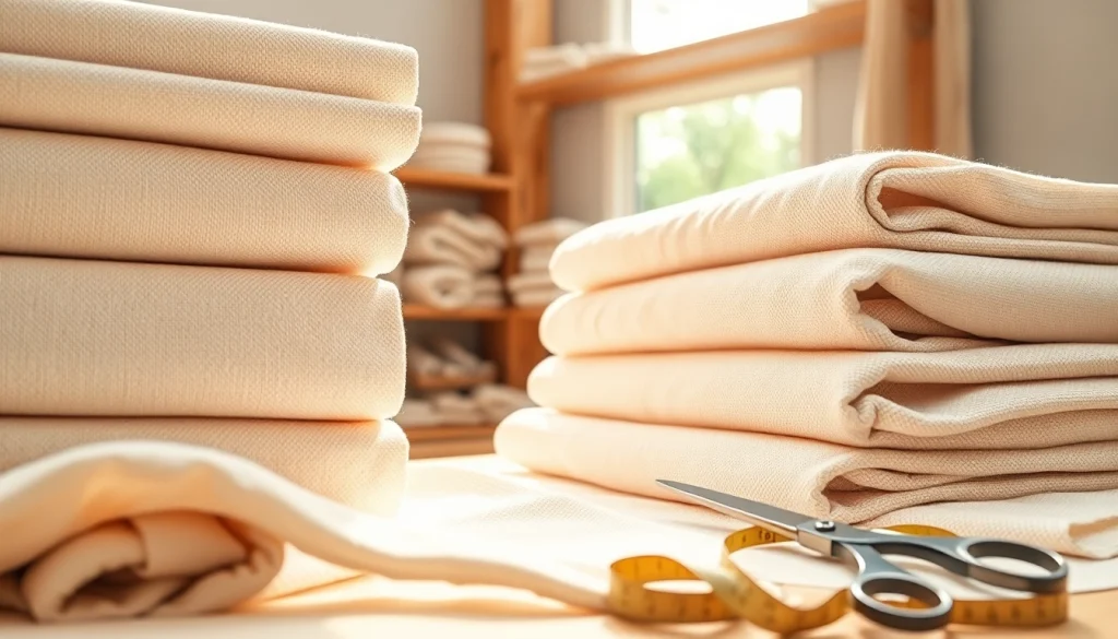 Ongeschenkt katoen rollen in een duurzame textielwerkplaats, focus op natuurlijke texturen.