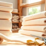 Ongeschenkt katoen rollen in een duurzame textielwerkplaats, focus op natuurlijke texturen.