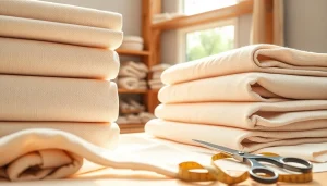 Ongeschenkt katoen rollen in een duurzame textielwerkplaats, focus op natuurlijke texturen.