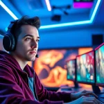 Raih kemenangan di bos88 dengan gamer asyik di lingkungan digital yang penuh warna.