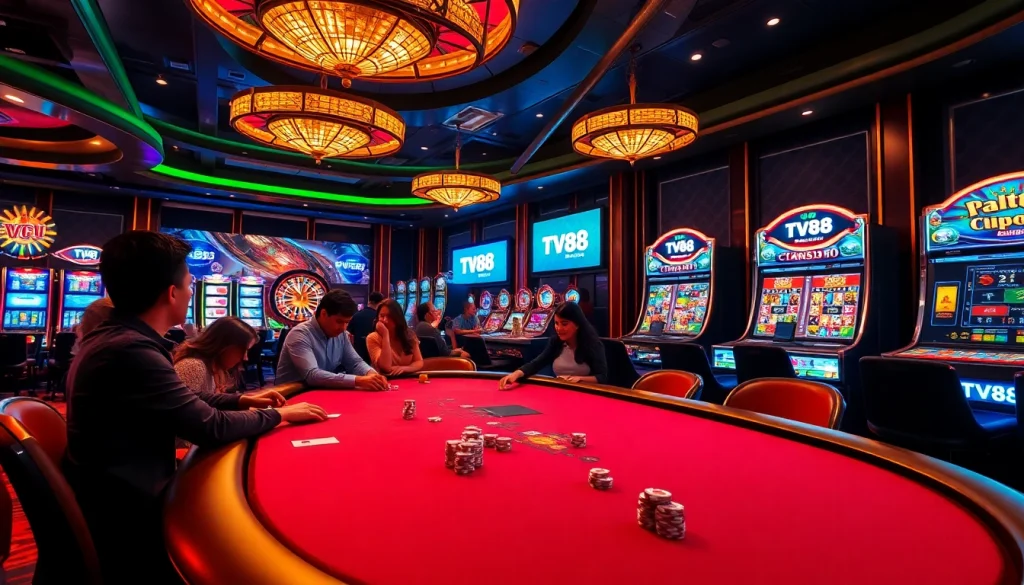 TV88 engages players in an exhilarating casino scene with poker and slot games highlighted.