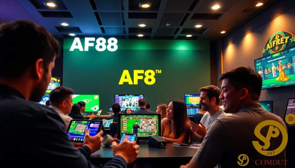 Engaging AF88 online gambling scene with diverse players and modern gaming interfaces.