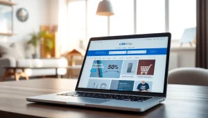 Showcase c168.shop online shopping with a modern laptop interface in a stylish home office.