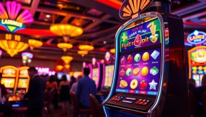 Mainkan slot gacor di mesin slot modern yang bercahaya di kasino mewah.