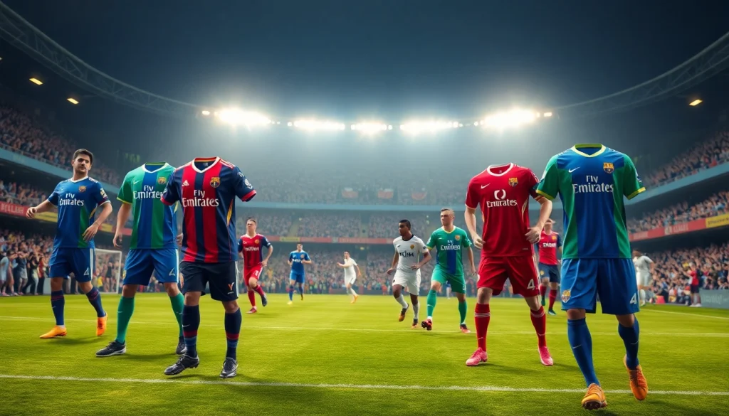 Explore football kits on athletes in action, showcasing vibrant designs during a match.