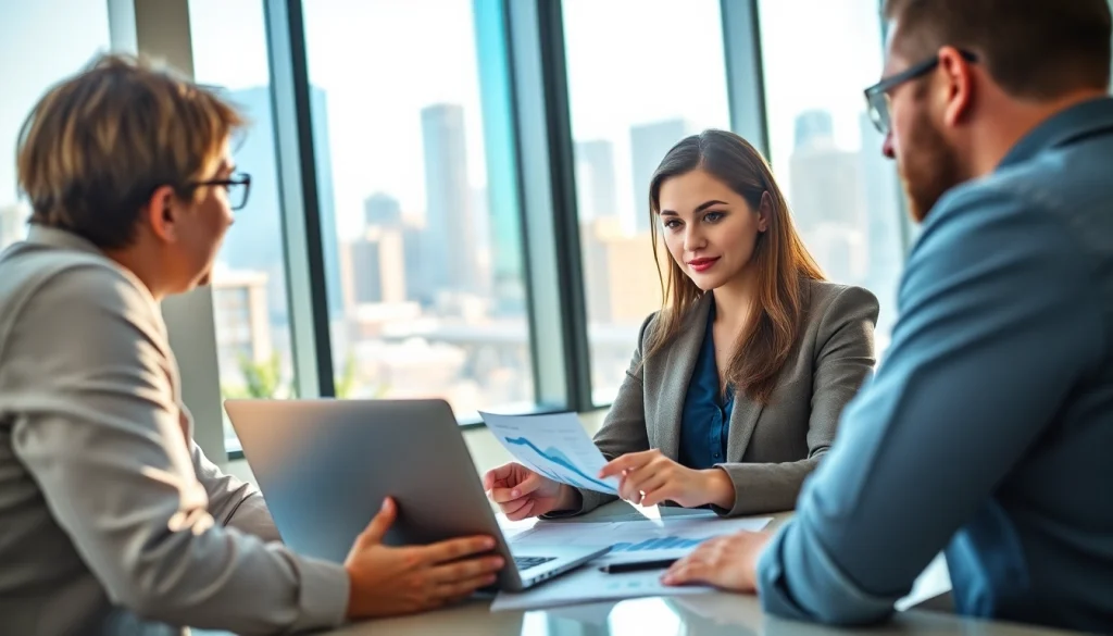 Engaging B2B mystery shopping scene with professionals analyzing data in a bright office.