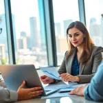 Engaging B2B mystery shopping scene with professionals analyzing data in a bright office.