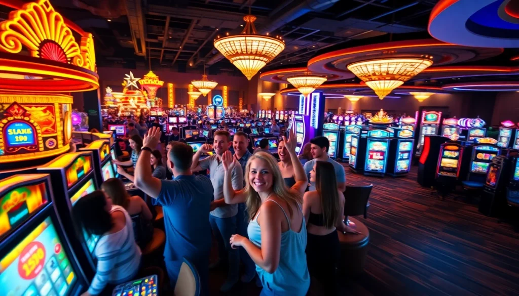 คาสิโน ที่มีบรรยากาศเต็มไปด้วยผู้เล่นเกมที่มีความสุขในตู้สล็อต