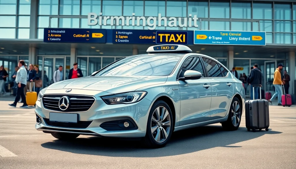 Book a taxi from Nottingham to Birmingham Airport with a professional service vehicle in a busy airport scene.