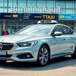 Book a taxi from Nottingham to Birmingham Airport with a professional service vehicle in a busy airport scene.