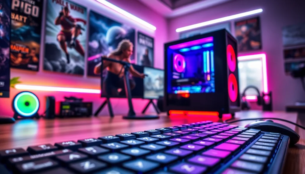 Showcasing a dynamic gaming setup centered around RR88, featuring a stylish gaming PC and vibrant accessories.