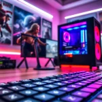Showcasing a dynamic gaming setup centered around RR88, featuring a stylish gaming PC and vibrant accessories.