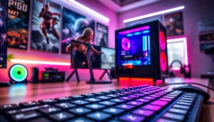 Showcasing a dynamic gaming setup centered around RR88, featuring a stylish gaming PC and vibrant accessories.
