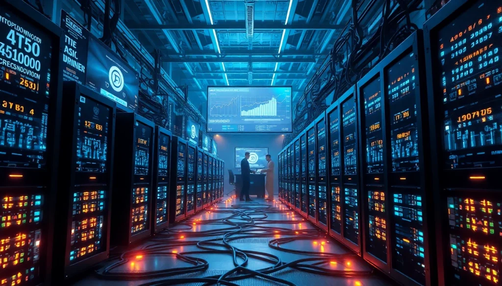 Dynamic crypto mining operation showcasing advanced ASIC miners and real-time performance data.