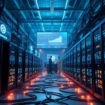 Dynamic crypto mining operation showcasing advanced ASIC miners and real-time performance data.