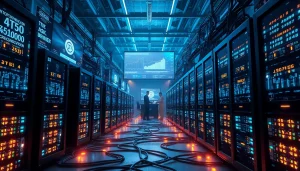 Dynamic crypto mining operation showcasing advanced ASIC miners and real-time performance data.