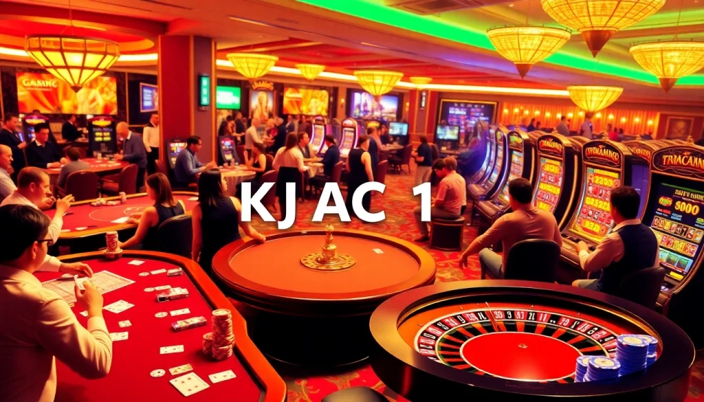 A bustling casino scene with players at tables and slot machines, representing the excitement of KJC AC 1.