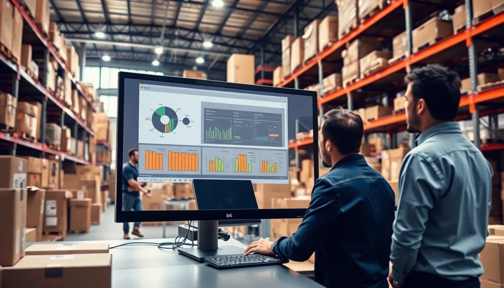 Visualize the order processing software being utilized efficiently in a dynamic warehouse environment.
