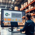 Visualize the order processing software being utilized efficiently in a dynamic warehouse environment.