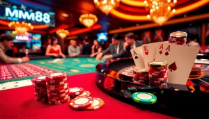 Players enjoying a thrilling roulette game at Nhà cái MM88 casino, showcasing vibrant colors and action-packed gambling.