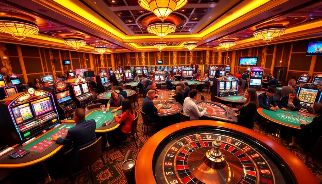 Players enjoying exciting games at https://kjc.uk.com/ in a lively casino atmosphere, featuring poker and roulette.