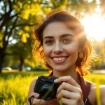 Ritratto Fotografico di un soggetto vivace in un parco assolato, catturato dall'obiettivo di un fotografo professionista.