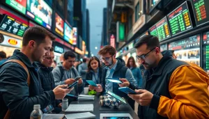 Explore best sports betting apps in India with enthusiastic bettors in an urban setting using mobile devices.