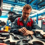 Autowerkstatt Moabit Berlin: Mechaniker bei der Arbeit an einem Fahrzeug in einer gut ausgestatteten Werkstatt.