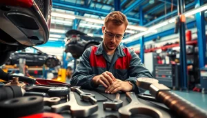 Autowerkstatt Moabit Berlin: Mechaniker bei der Arbeit an einem Fahrzeug in einer gut ausgestatteten Werkstatt.