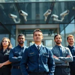 Security Company team ensuring safety at a modern facility with high-tech equipment.