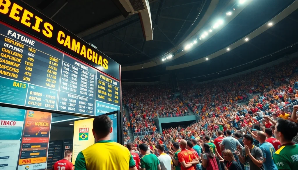 Engaging scene of sports betting in Brazil with enthusiastic fans at a lively stadium.