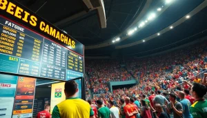 Engaging scene of sports betting in Brazil with enthusiastic fans at a lively stadium.