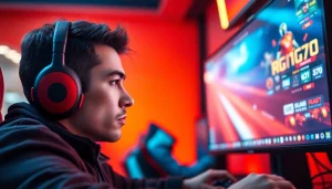 Engage with the gaming world at https://rusia777.com through an intense gaming setup featuring a focused player.