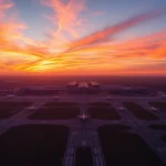 Luton Airport showcasing busy runways and vibrant sunset hues, capturing the lively atmosphere.