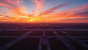 Luton Airport showcasing busy runways and vibrant sunset hues, capturing the lively atmosphere.