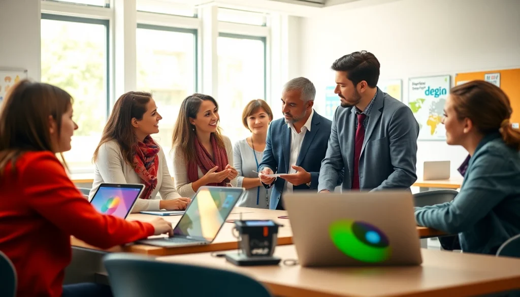 Engaging discussion among educators in a vibrant classroom focused on innovative Education approaches.