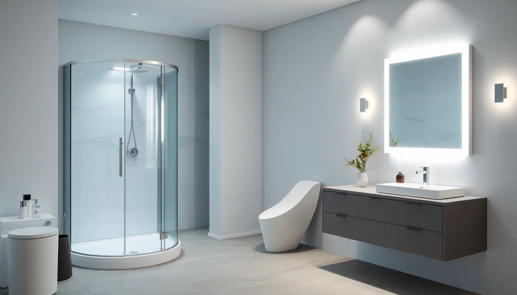 Admirez la cabine de douche sirhona, le miroir LED et le mobilier moderne dans la salle de bain.