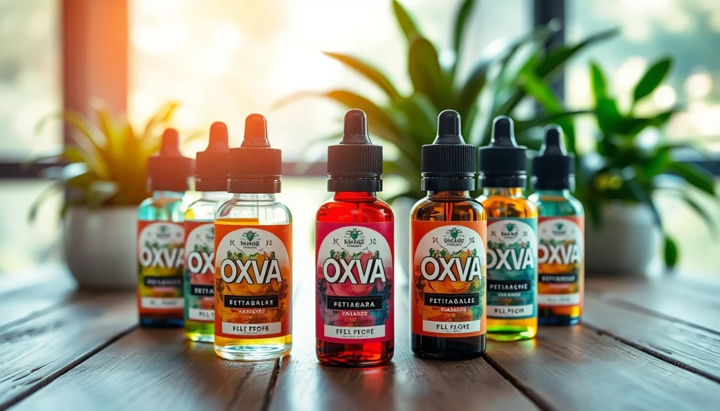 Oxva Liquid auf einem stilvollen Tisch arrangiert mit verschiedenen Aromen.