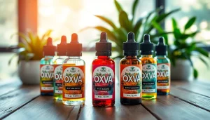 Oxva Liquid auf einem stilvollen Tisch arrangiert mit verschiedenen Aromen.