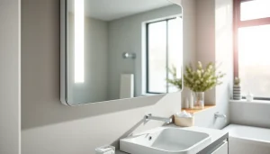 Spiegelschrank mit LED Beleuchtung im eleganten Badezimmer mit modernem Design