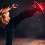 Martial Arts Thriller fighter executing a powerful kick in an urban setting.