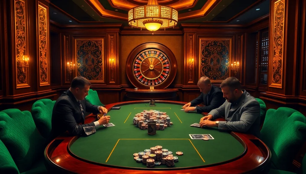 Experience the thrill of mm88 poker gaming in a luxurious casino setting, with players engaged at an elegant table.