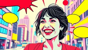 Vibrant pop art canvas featuring a joyful woman with bold colors in an urban backdrop.